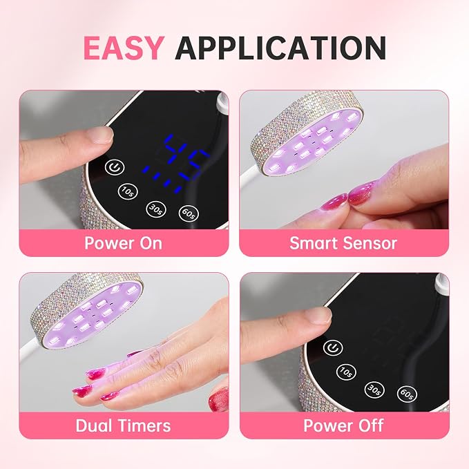 Flash Cure Nail Lamp, UV Nail Lamp for Gel Nail, Cordless, LCD, Auto Sensor | 36W | Type-C | 1500mAh | Rhinestone | Mini Size | Gooseneck | Easy to Carry | DIY Manicure | AB Diamond