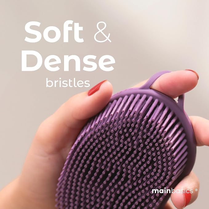MainBasics Silicone Body Scrubber Dual-Sided, Purple, Scalp | Shower Scrubber and Scalp Massager, Gentle Silicone Loofah Alternative for Deep Clean