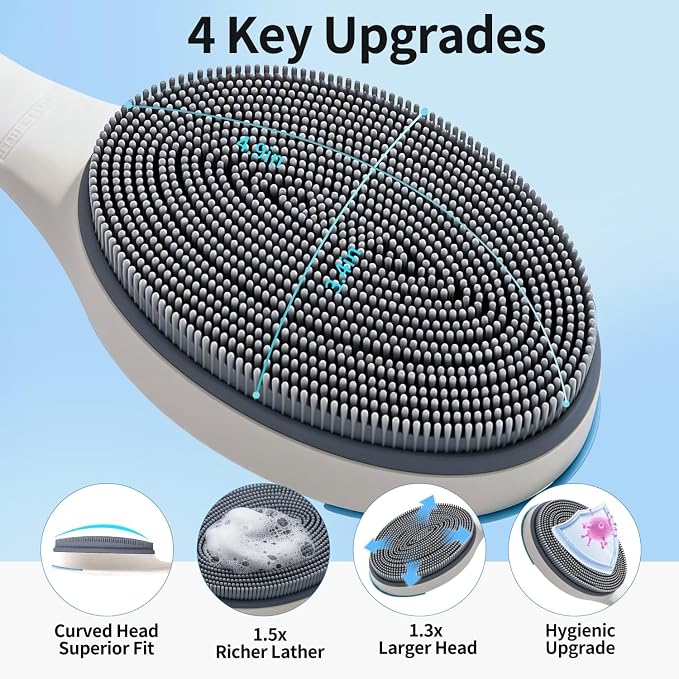 Extendable Silicone Back Scrubber, 17"-32", 4X Firm Scrub,White | Dual handles for 4X power. Zinc-infused BPA-free silicone. 40D firm bristles for deep exfoliation. Ideal oily skin, Quick-dry