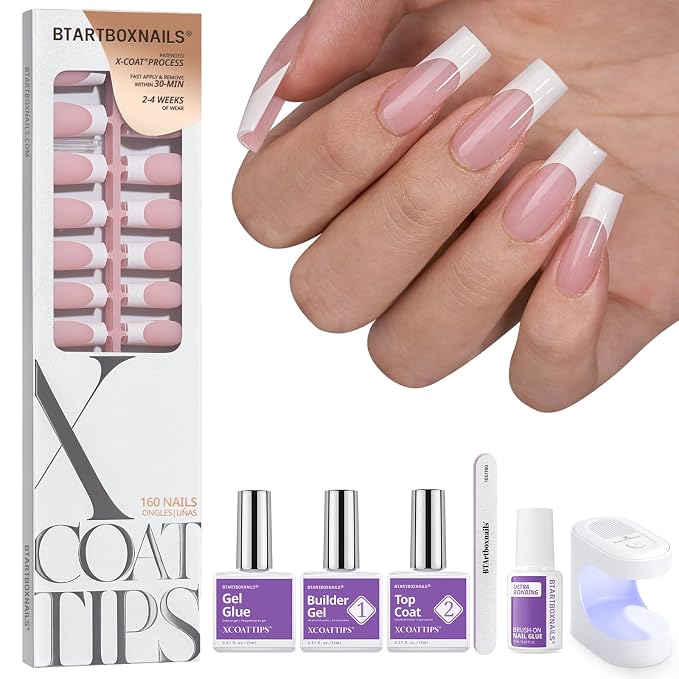 BTArtboxnails XCOATTIPS White French Tip Press On Nails, L Square, Pink | Lamp-Curable, 4-Week Wear, Salon Quality Value at Home, 160 Nail Tips, Glue, Builder Gel, Top Coat, Nail Lamp, All-in-one Kit