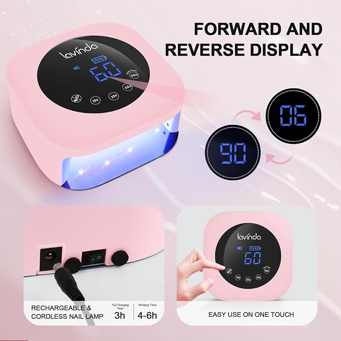 Lavinda 54W Cordless UV LED Nail Lamp for Gel Nails, Matte Macaron Pink | 36 dual-wavelength LEDs, 4 timer settings, auto sensor, LCD touch controls, Removable magnetic base