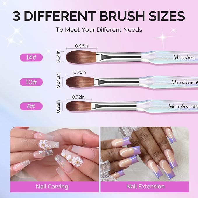 MelodySusie Acrylic Nail Brush Set, Size 8,10,14 Transparent Nail Brushes with Cleaner Tool and Brush Holder, for Acrylic Powder Nail Extension and 3D Nail Carving, Home DIY Salon