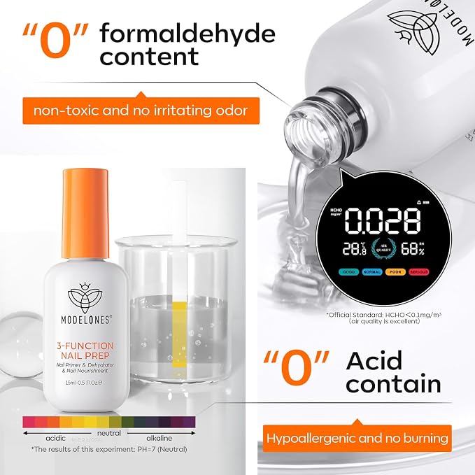 modelones Nail Dehydrator and Primer, 3-in-One HEMA-Free Nourishing Prep | for Base Coat Acrylic & Gel Nails, Supports Growth