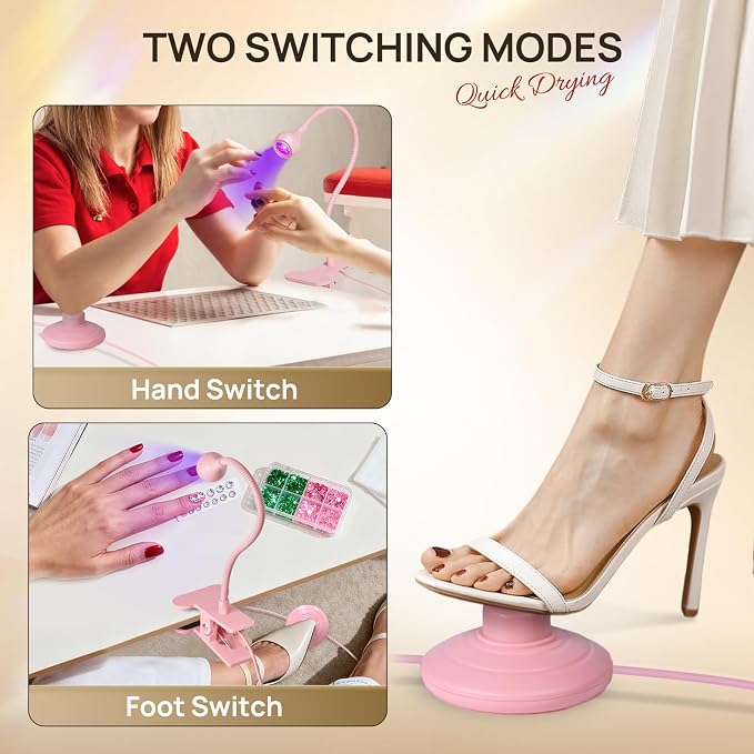 AORAEM UV LED Nail Lamp, Quick Drying UV Light for Gel Nails | LED Nail Cure Lamp, Flash Cure Light with Gooseneck and Clamp for Gel Nails, Foot Control, Pink