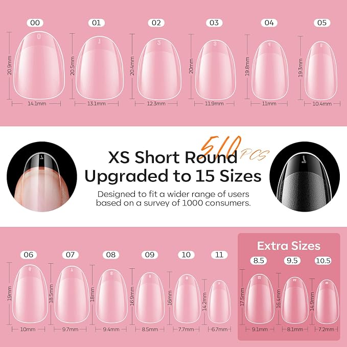 modelones X Nail Gel Kit, , 9-in-One Glue Prep Dehydrator UV Light Clipper | 510Pcs Extra Short Oval Round Fake Nails 15Sizes Pre-shaped Half Matte Press on Oval Tips for Extension DIY Salon