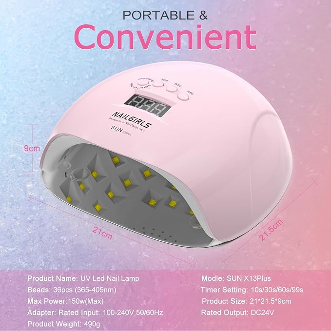 NAILGIRLS UV Nail Lamp 150W for Gel Polish, Professional Fast Curing UV Light for Gel Nails with 36pcs Lamp Beads, 4 Times with LCD Display Auto Sensor, Gift for Women Girl, Pink