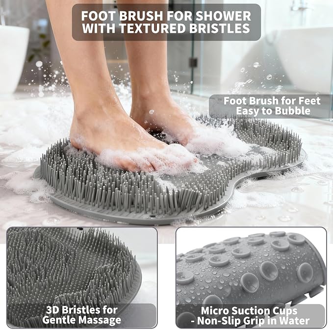 Shower Foot Scrubber Mat with 3 Types of Upgraded Brushes for Massage, Shower Back Scrubber with Micro Suction Cups,Back Washer,Shower Scrubber for Body at Home Spa (Gray)