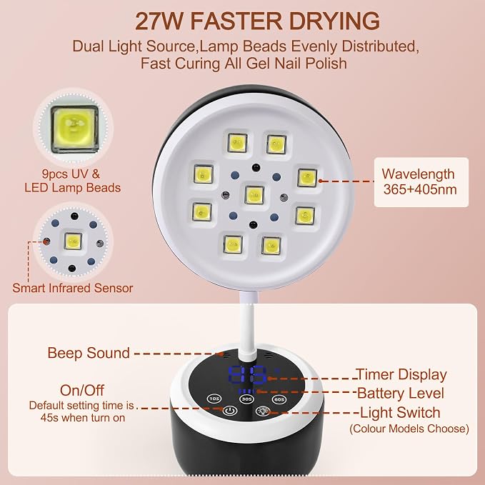 27W Cordless UV Nail Lamp,Rechargeable Flash Cure Nail Dryer with 4 Timers,Auto Sensor,14 Color Light,Portable Mini UV Light for Gel Nails Polish,Adjustable Goosenecks Lamp for Home Travel Manicure