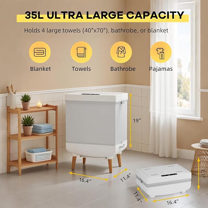 Large Towel Warmer for Bathroom Heated Towel Warmers Bucket, Auto Shut Off, Wood Handle, Fits 6 Oversized Towels, Bathrobes, Blankets, Clothes, for Spa, for Mother's Gifts