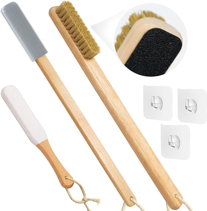 Long Handle Toe Gap Cleaning Brush+Body Shower Brush+Foot Grinder,Grey | Silicone Foot Scrubber for Shower, Feet Cleaner Scrub Foot Care for Seniors,Elderly, Men and Women
