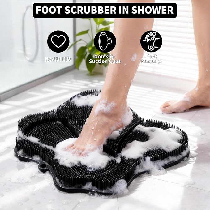 Show Foot Scrubber Mat & Silicone Back Scrubber with Butterfly Form Design,3 Brush Designs for Deep Cleaning Shower Foot Scrubber Mat, Wall Mounted Back Scrubber Silicone Bath (Black)