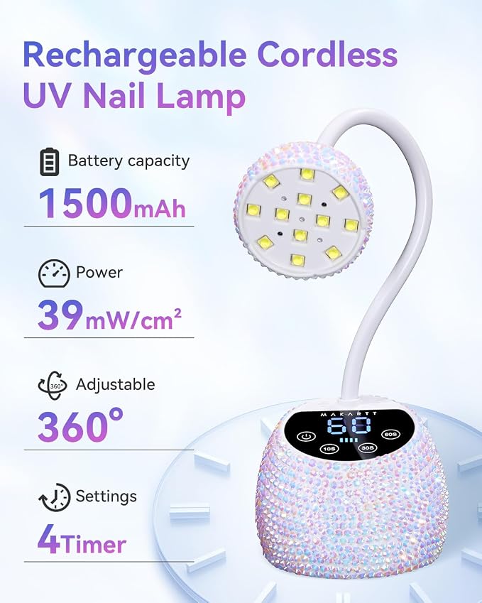 Makartt Gooseneck Flash Cure Lamp for Home DIY Salon Use Cordless UV Light | UV Nail Lamp 39mW/cm² Rechargeable UV Light with Auto Sensor 4 Timers Fast Curing for Gel-X Tips Rhinestones, Diamond White