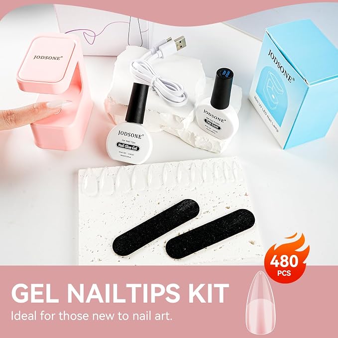 JODSONE Gel Nail Kit Long Almond Nail Tips 480PCS Mini Rechargeable Nail Lamp Pre Shaped Clear Full Cover Fake Nails Tips with Nail Glue & Top Coat U V LED Curing Lamp DIY Manicure Gifts for Women