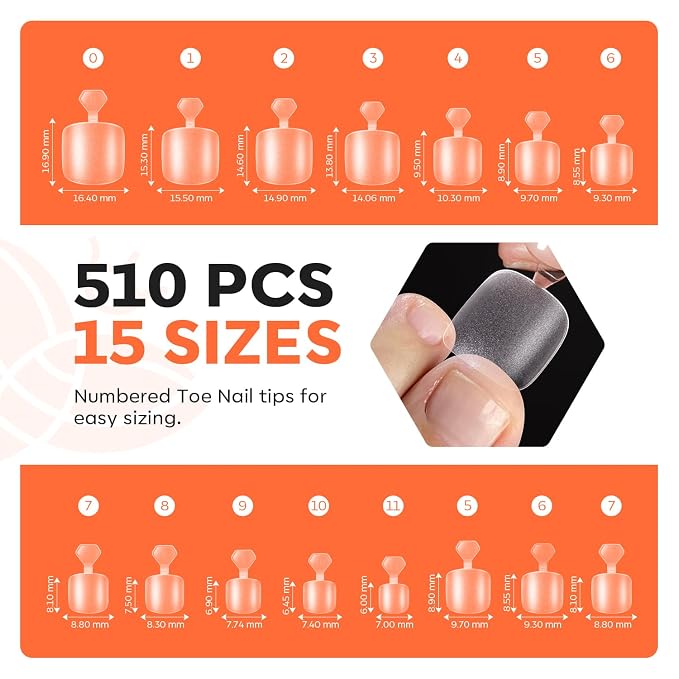 Modelones XS Toe Nail Tips Square 510pcs Natural Wear Toenails Press On | Extra Short Square Toe Nail Tips Full Cover 15 Sizes Soft X Nail Gel Fake Toenail