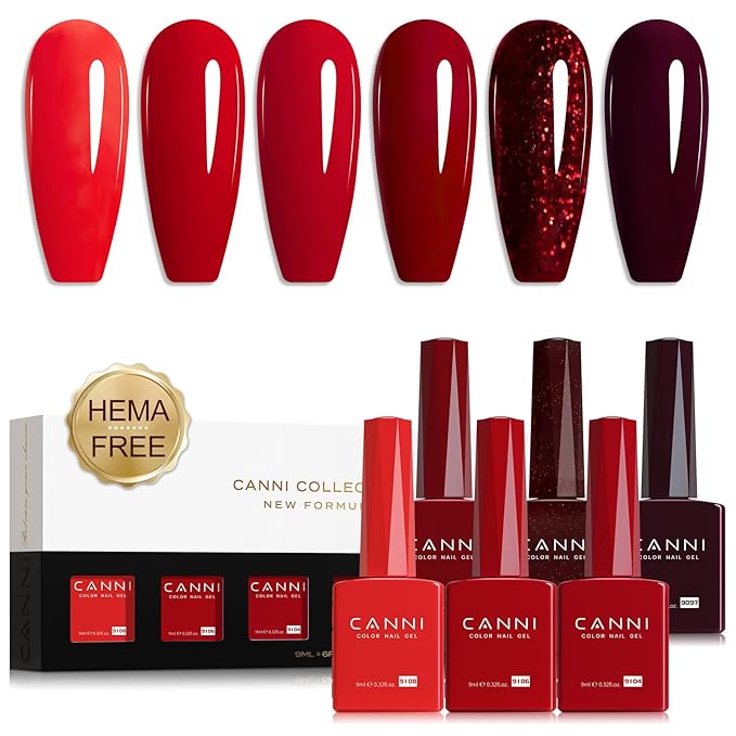 CANNI 9ML Red Gel Nail Polish Set, 6 Dark Red Shades UV LED Soak Off | Smooth Application • Highly Pigmented • Glossy Finish • Long-Lasting Wear • Nail Art • Salon DIY Manicure • Easy Application