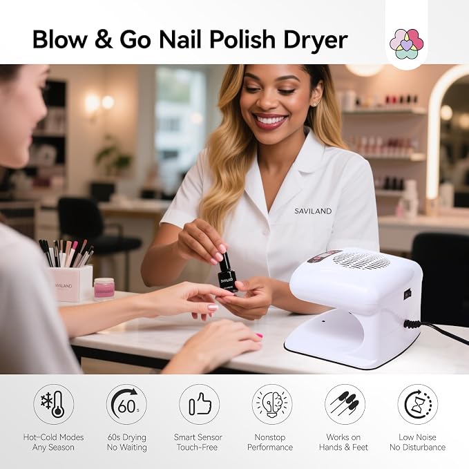 SAVILAND 300W Smart Sensor Nail Dryer for Regular Polish in Home Salons | 30% quieter commercial motor, for busy salon client sessions, hot and cold dual airflow, dries water based oily polishes