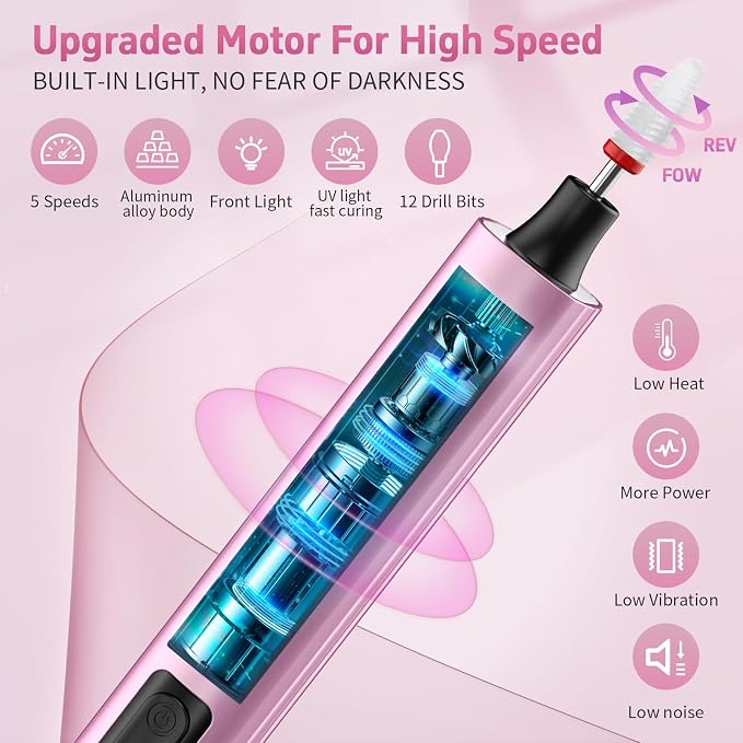 Cordless Nail Drill Electric File Kit with UV Nail Lamp | Portable, Rechargeable, Nail Drill Machine, for Acrylic, Gel Dip, Powder Nails