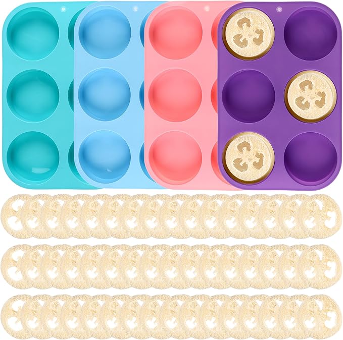 48 Pcs Natural Loofah Sponges 4 Pcs 3 Inch Round Silicone Soap Molds Cylinder Shower Steamer Molds for Loofah Soap Bath Bombs Shower Steamer Lotion Bars for Women and Men