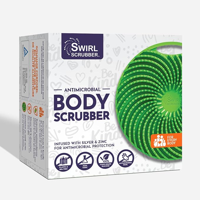 Antimicrobial Silicone Body Scrubber - Green - Shower Hanger & Sticker, Lymphatic Support, Deep Exfoliation-Cleansing, Family Hygiene | Deep-cleansing exfoliating shower scrubber includes hanger and wall sticker for convenient family hygiene