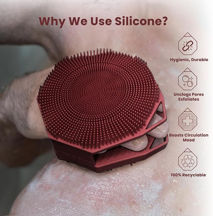 iTokGoK® Premium Silver-Infused Double-Sided Design 2-in-1 Silicone Body Brush Scrubber,Body Buffer Scrubber for Sensitive Skin, Ergonomic No-Slip Handle, Long-Lasting & Easy to Clean - Burgundy