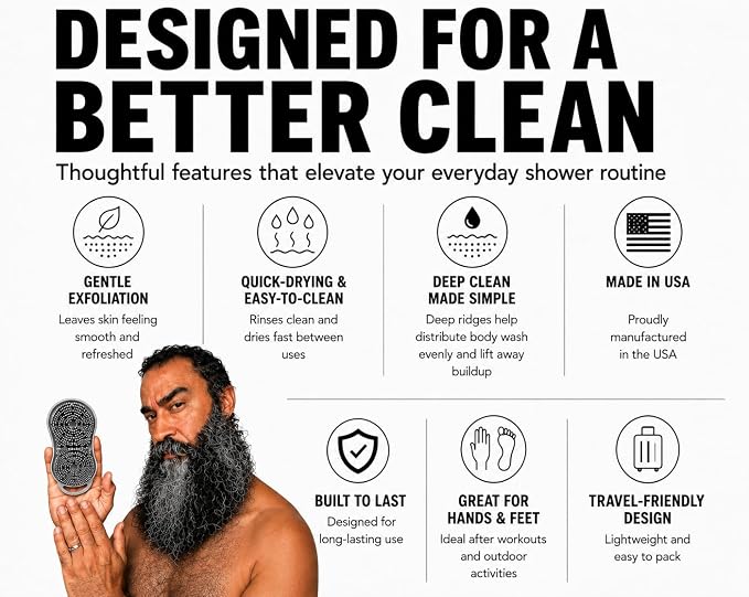 MOOFAH™ Body Scrubber- Deep Cleansing, Gentle Exfoliation for Smoother Skin, Soft-Touch Bristles, Made in USA by Chicago Comb, Easy Rinse, Quick-Dry (Shadow Grey)