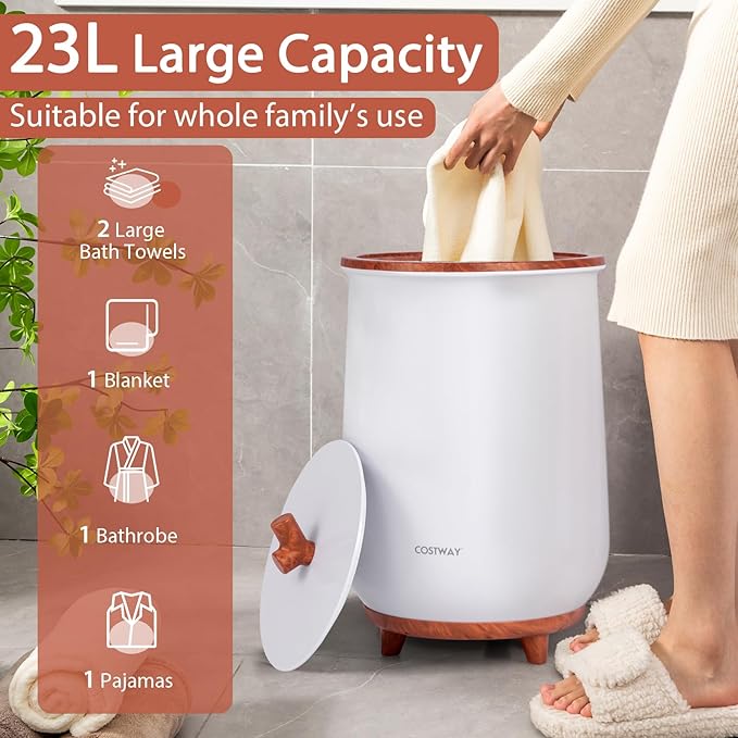 COSTWAY Bucket Style Towel Warmer, 23L Towel Warmer with 4 Heating Time & 3 Heating Temperature, Overheat Protection System, Fragrant Disc Holder, Towel Warmer for Bathroom, Hot Tub, Spa (Coffee)