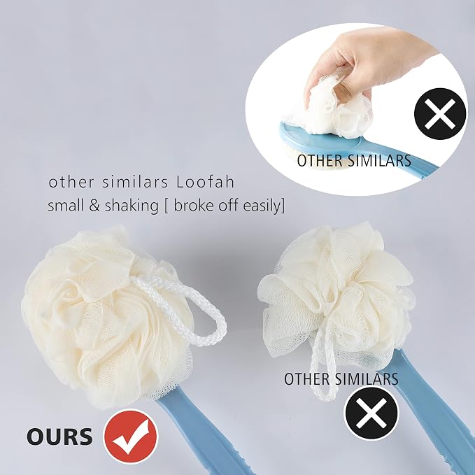 Shower Body Brush with Bristles and Loofah,Back Scrubber Bath Mesh Sponge with Curved Long Handle for Skin Exfoliating Bath, Massage Bristles Suitable for Wet or Dry, Men and Women (Grey)
