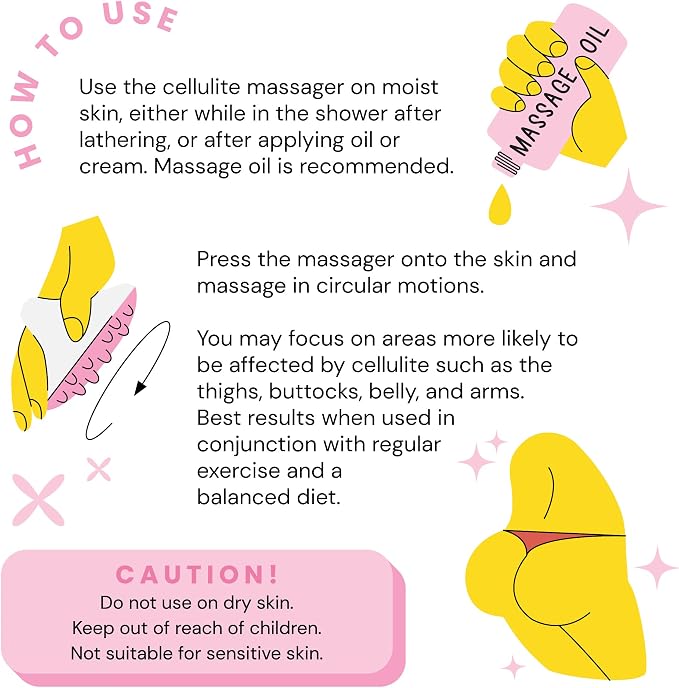 Scala Cellulite Massager Silicone, Bath Scrubber for Smoother Skin Pink | Silicone nodules exfoliate, cellulite remover, body massager Tool, exfoliator, fat roller use with creams and Oils