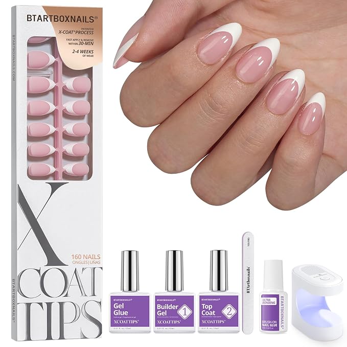 BTArtboxnails XCOATTIPS White French Tip Press On Nails, S Almond, Pink | Lamp-Curable, 4-Week Wear, Salon Quality Value at Home, 160 Nail Tips, Glue, Builder Gel, Top Coat, Nail Lamp, All-in-one Kit