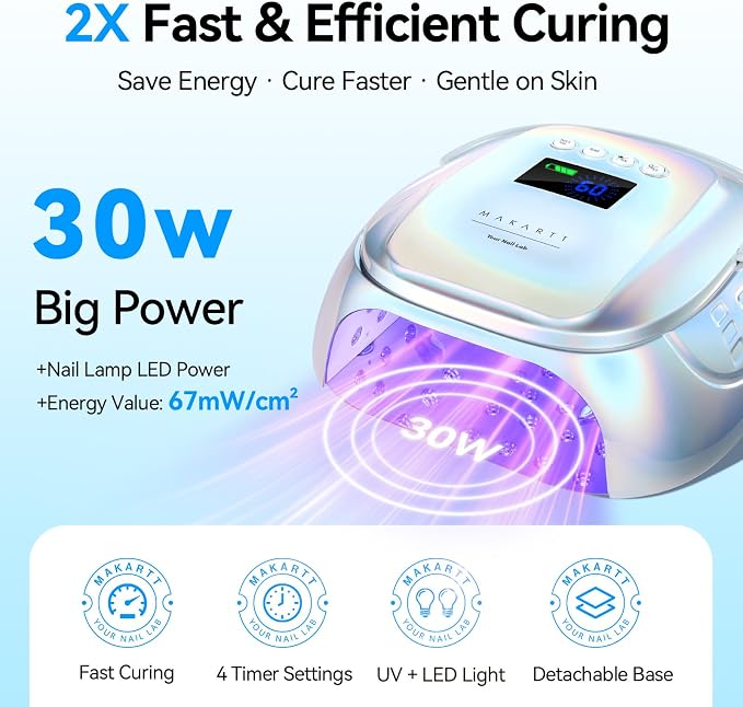 Makartt Professional Nail Lamp with Handle for Nail Artist Rechargeable | 30W Rechargable Cordless Nail Light with 45 LED Beads 4 Timers LCD Auto Sensor Fast Curing Gel Polish, Plating Silver