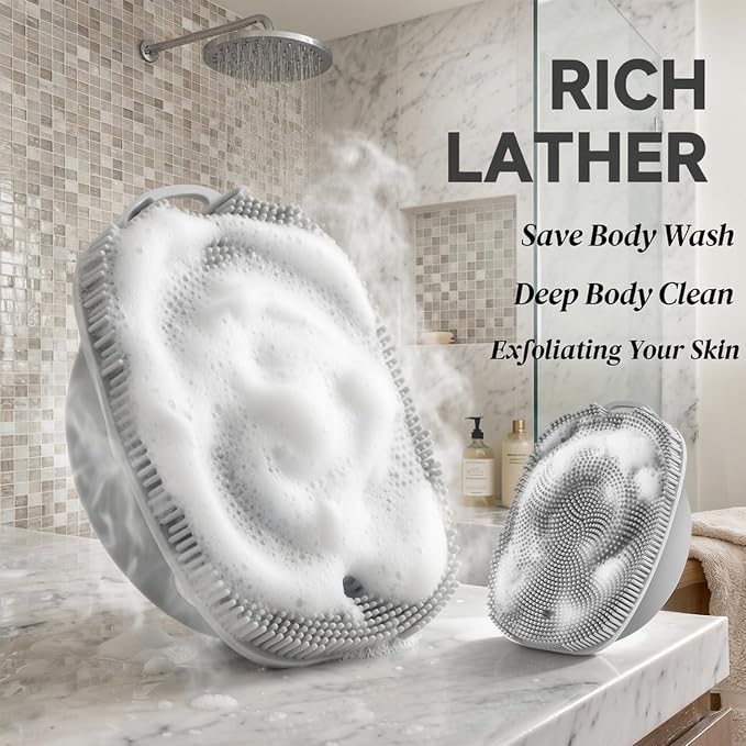 Soft Silicone Body Scrubber, Face Scrubber Silicone, Gentle Texture Exfoliating Body Scrubber for Men and Women On Sensitive Skin, Back Large Suction Cup for Easy Dry and Store (Gray)