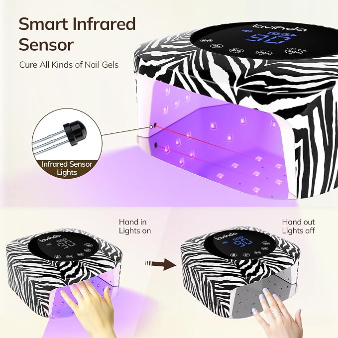 Lavinda UV Light for Gel Nails Fast Curing Nail Dryer, Zebra Print | Base, top, color, builder and poly gel, 4-6 hr runtime, mobile nail artists, manicure parties, black-and-white salon decor