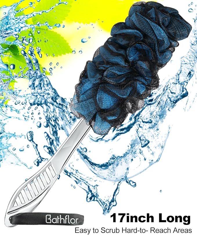 5 PCS Large Shower Loofah Bath Sponge, Body & Back Scrubber for Women Men | Charcoal Poufs, 4PCS 80g Extra Big Exfoliating Loofa Pack, 1PCS Long Handle Back Scrub Luffa, 1PCS Lufa Hook, Assorted