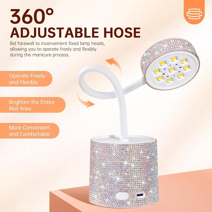 Flash Cure Nail Lamp, UV Nail Lamp for Gel Nails, Cordless Auto Sensor | 27W | Type-C | 1500mAh | Rhinestone | Mini Size | Easy to Carry | DIY Manicure | AB Diamond