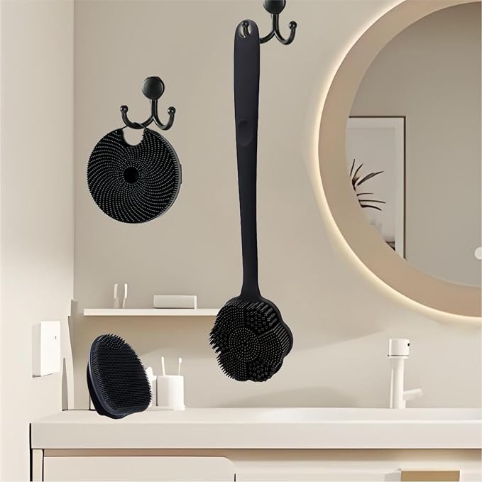 Back Scrubber & Face Scrubber Brush for Shower - 15 Inch Long Handle Double Sided Silicone Body Brush for Exfoliation & Massage, Soft Facial Cleansing Brush, Rich Lathering for Deep Cleansing (Black)