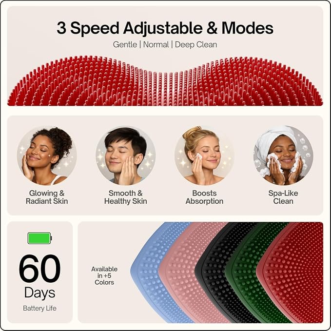 Heart Face Clean Pro⁺ - Electric Silicone Facial Scrubber for Acne with 7000+ Sonic Pulses - IPX7 Waterproof Rechargeable Exfoliator with Slip-Free Grip, 3 Speed Settings & Phthalate-Free - Cherry