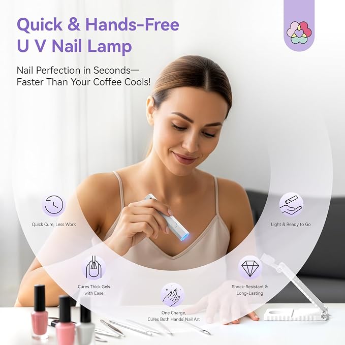 SAVILAND U V Light for Nails Professional Gel Lamp with Stand & LCD Timer | 200mAh rechargeable, Hand-Free design, 20s/60s countdown, Handheld use, Salon grade, Home DIY manicure decoration