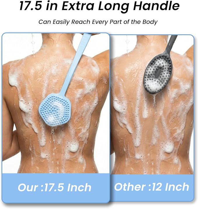 Redfly Silicone Back Scrubber for Shower Brush, 17 inch Long Handled Silicone Body Scrubber for Men & Women, Double Sided Shower Scrubber for Body Brush Exfoliator and Massage, Blue