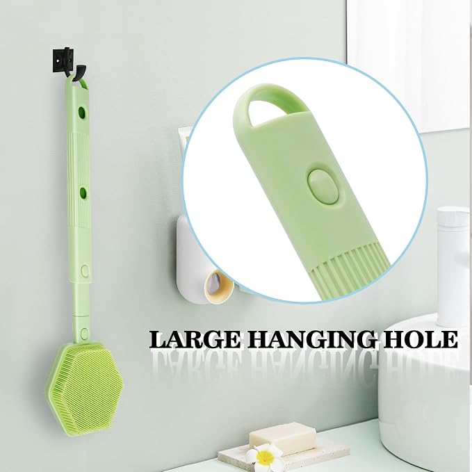 Silicone Back Scrubber for Shower with 21" Extendable Handle-Dual-Sided Long Handle Bath Brush for Exfoliating & Massage–Non-Slip Grip, Gentle&Deep Cleansing Body Brush for Men, Women, Seniors (Green)