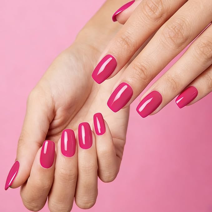 Semi Cured Gel Nail Strips - No UV Lamp Needed High-Gloss Hot Pink Gel Nail Wraps Kit with Plump Effect, Stretchable & Waterproof Decals for Travel & DIY Manicure, 22 Pcs