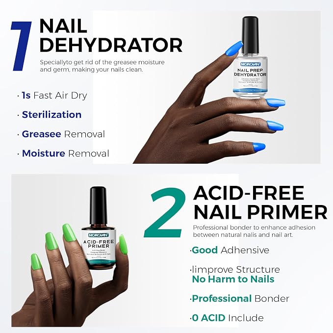 Morovan Nail Dehydrator and Primer with Gel Base & Top Coat Set 5PCS Professional Fast Dry Acid Free Supplies Primer and Chrome Proof No Wipe Matte Top Coat for Acrylic & Gel Nail Polish Gifts
