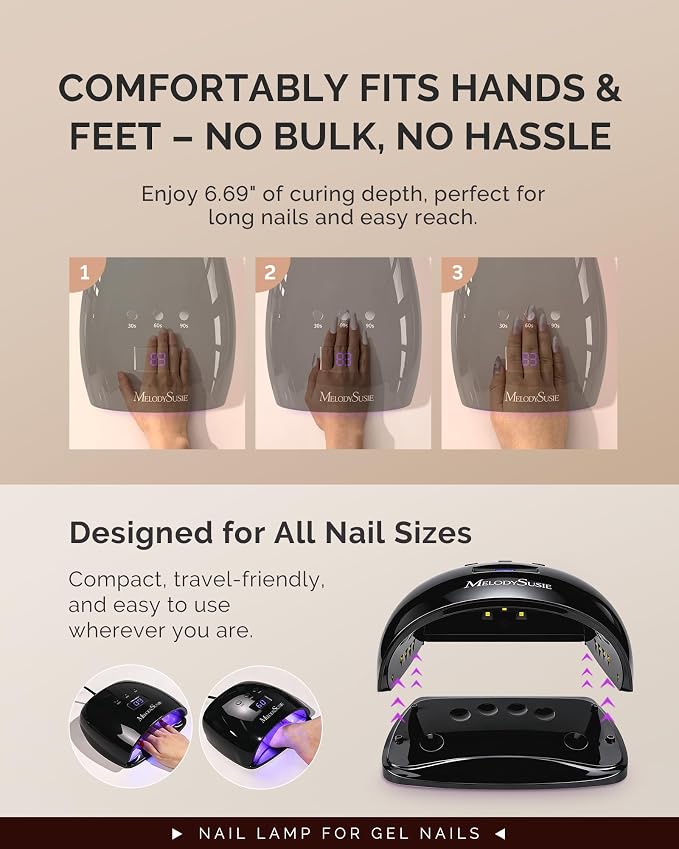 MelodySusie Detachable Base UV/LED Nail Lamp P-Plus30I for Hard Gel | 54W, 3 Timer Settings, Smart Sensor, LCD Display, 30 UV/LED Beads, Rhinestone Glue, Solid Nail Glue Gel, Liner Gel, Black