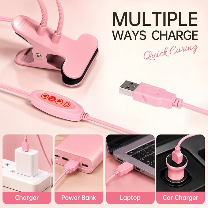 UV Nail Lamp with LED Lighting Fixtures, Single Nail Dryer | UV Light for Gel Nails, Flash Cure Nails Lamp, Gooseneck Clamp Home and Salon, 395+400nm Pink