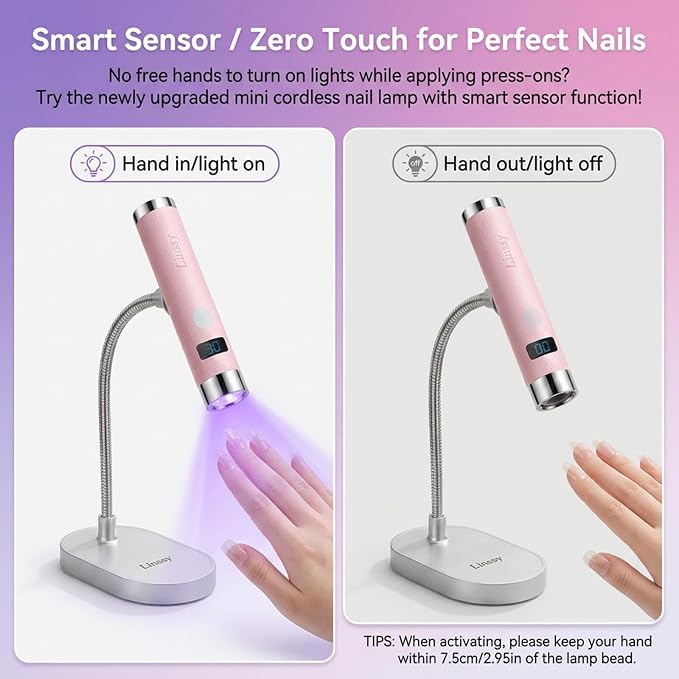 Mini UV Light for Gel Nails with Auto Sensor & Magnetic Stand,Hands Free | Rechargeable Handheld Flash Cure Nail Lamp with LED Display,Single Finger Gooseneck UV Lamp at Salon,DIY,Home(Pink)
