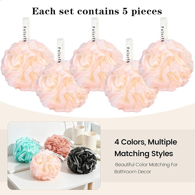Bath Loofah Sponge 70 Grams Large Size, Soft Mesh Long-Lasting Shower Loofah for Rich Lather, 5 Pack Shower Sponge Exfoliating Cleaning Bath Loofa Body Scrubber Balls for Men & Women(Pink)