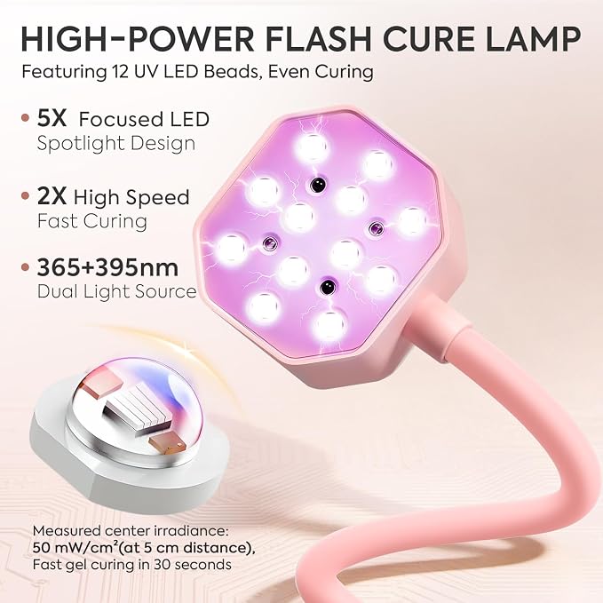 Mini UV Nail Lamp Flash Cure for Gel X Nail Polish – 360° Foldable Gooseneck LED Nail Lamp with 12 LEDs, Smart Sensor, USB Portable Cordless 36W Rechargeable Nail Dryer with 4 Timers for Salon & Home