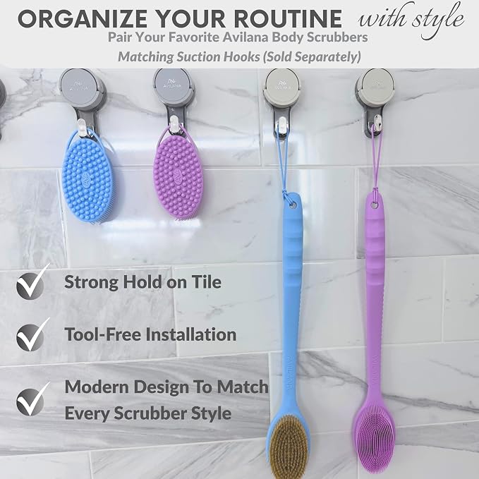 Avilana Massage Silicone Body Scrubber(Dark Gray) + Suction Hook (2-Pack) – Hygienic, Fast-Drying, BPA-Free Shower Brush & Loofah Alternative – No-Drill Modern Storage Solution