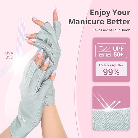 AIRSEE UV Gloves for Nail Lamp,Professional UPF50+ UV Protection Gloves for Manicures Nail Art,Fingerless Gloves That Shield Skin from The Sun and Nail Lamp (Mint Green)