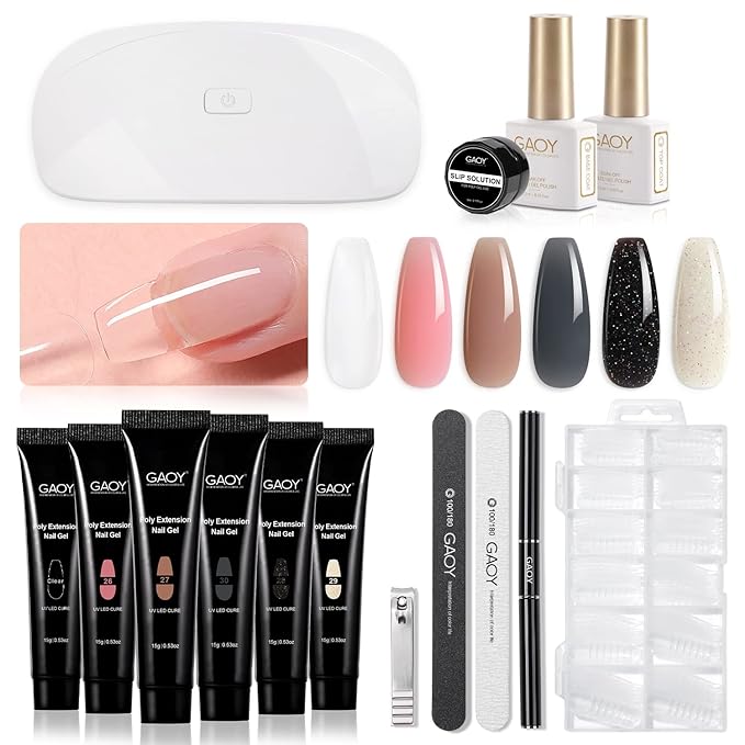 GAOY Poly Gel Nail Kit with U V Light Starter Kit, 6 Colors Nude Pink Black Builder Gel Extension for Beginners with Everything Nail Art DIY at Home