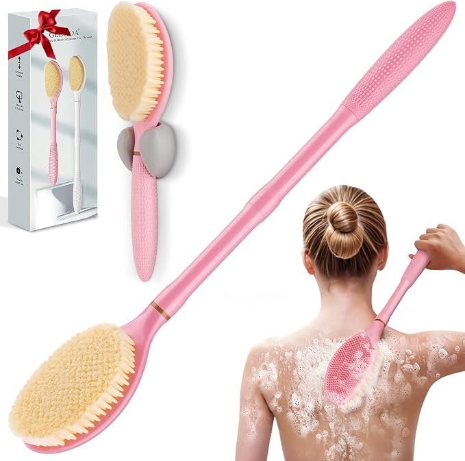 New Back Scrubber Anti-Slip for Shower, 18.9‘’ Adjustable Shower Back Scrubber with Dual-Side Head & Soft Bristles, Extra-Long Shower Brush Bath Brush for Lathering Cleansing(Pink-L)
